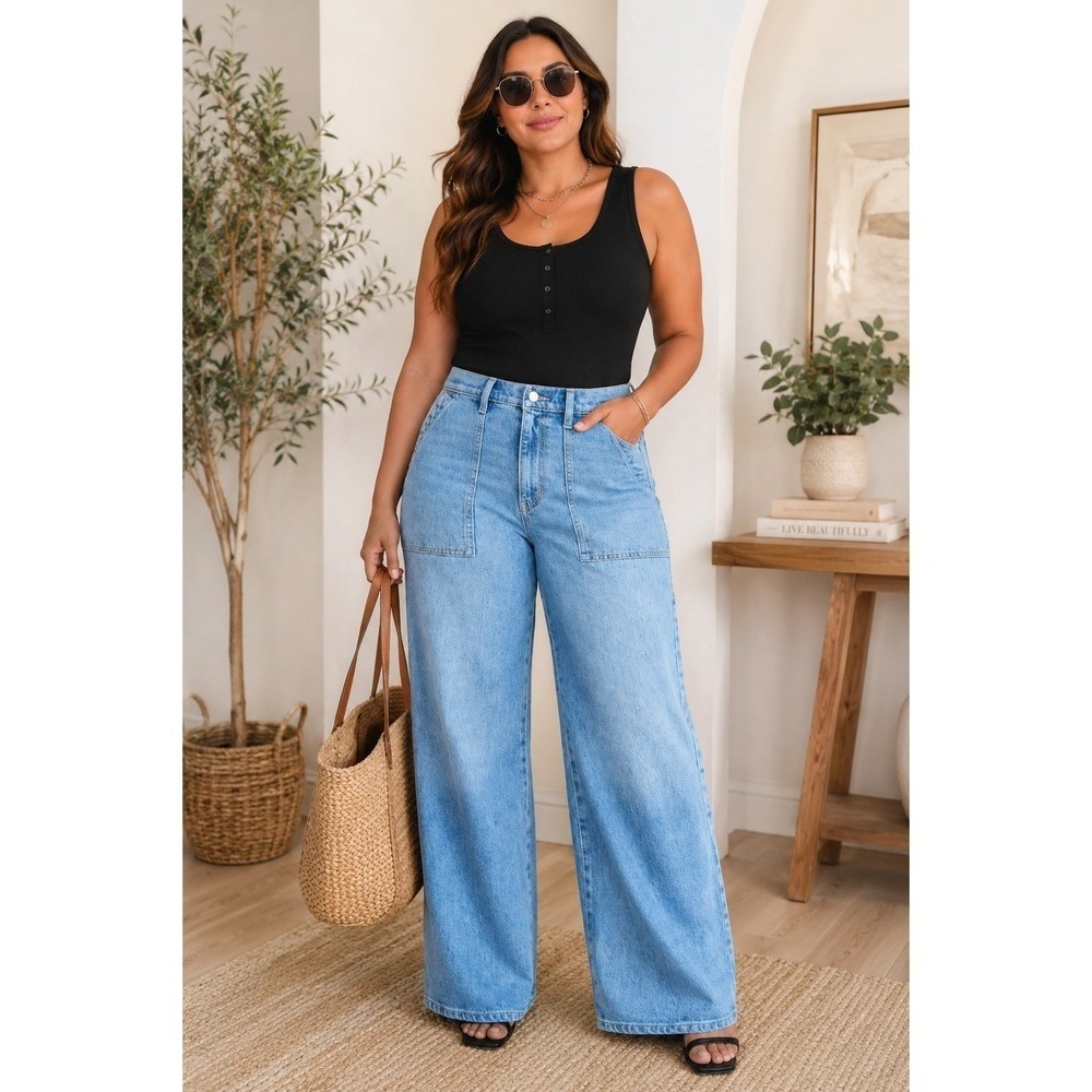 Wide Leg Utility Trousers Womens‎ Size 14 Medium Wash High Rise New NWT